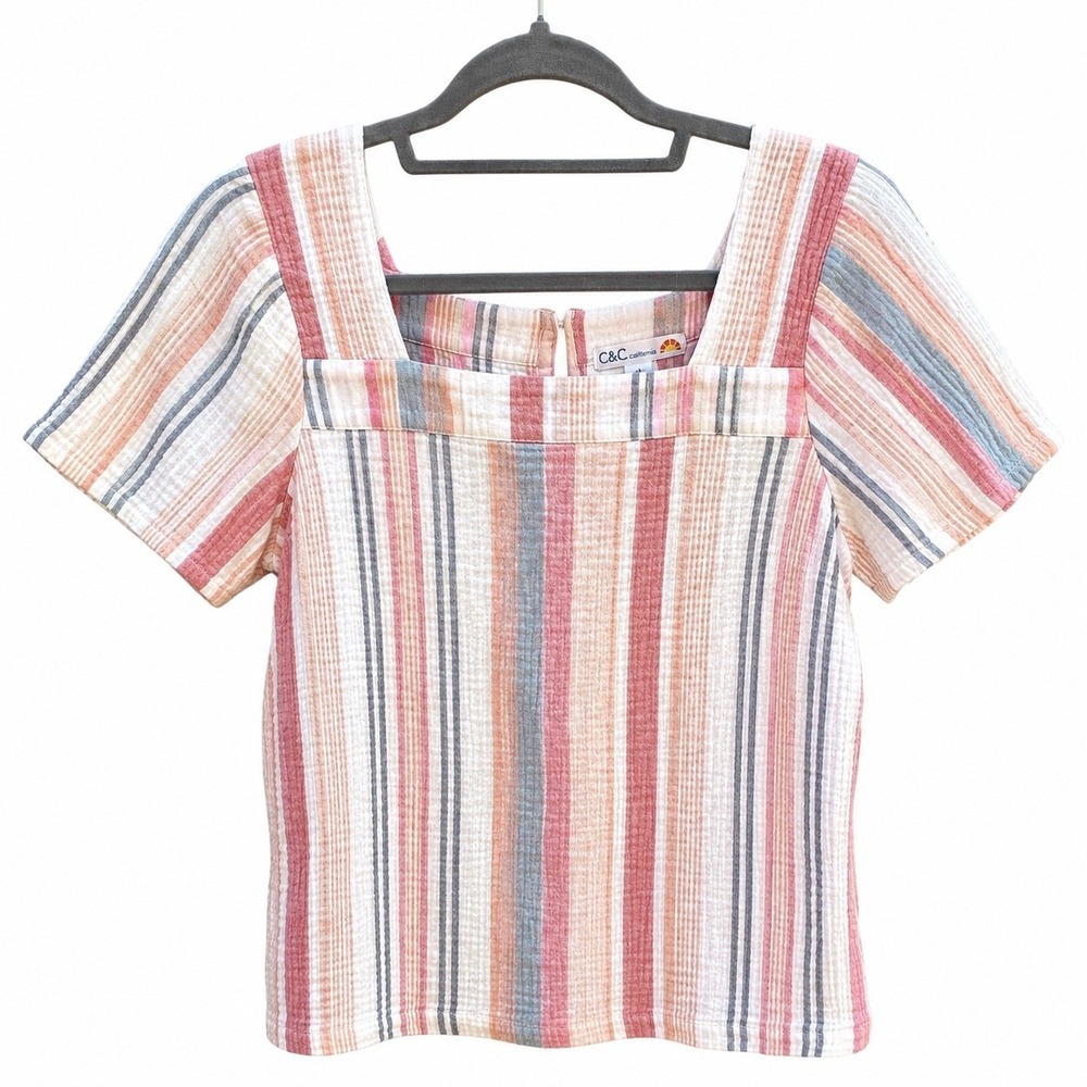C&C California Womens Small Blouse Pink Blue Striped Cotton Gauze Beachy Coastal